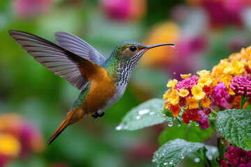 Obraz premium Hummingbird Hovering Near Colorful Flower with Water Droplets