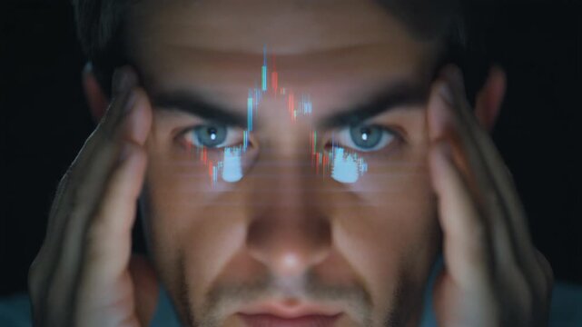 Man with blue eyes looking stressed while checking stock market data on a screen with graphs and charts projected on his face.