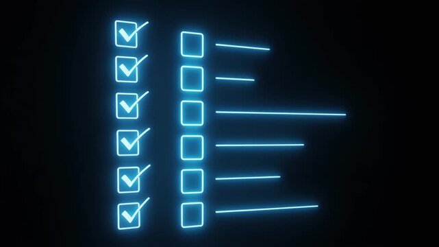 Glowing blue checklist with checkboxes and lines on dark background.