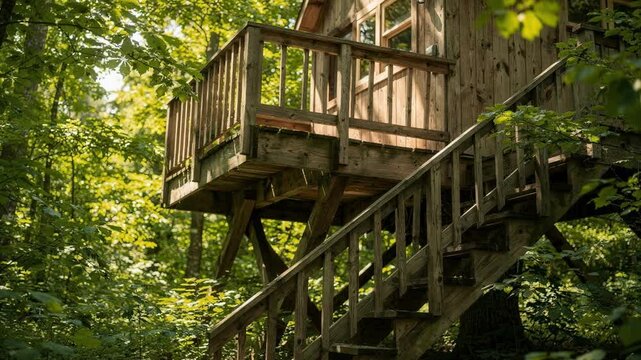 Elevated wooden treehouse nestled in lush green foliage with detailed staircase and railings softly blurred in the background on a bright summer day.