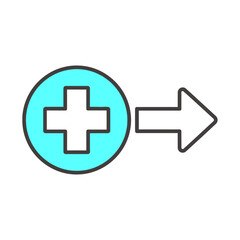 Fototapeta premium Turquoise add plus sign button with right arrow icon. Healthcare, medical, next, or expand vector graphic.