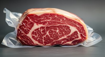 Obraz premium High-quality marbled beef steak in vacuum-sealed packaging