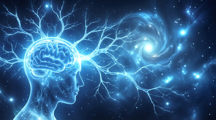Fototapeta premium Neural networks extending from human brain into cosmic space. Connection between human consciousness and the universe.