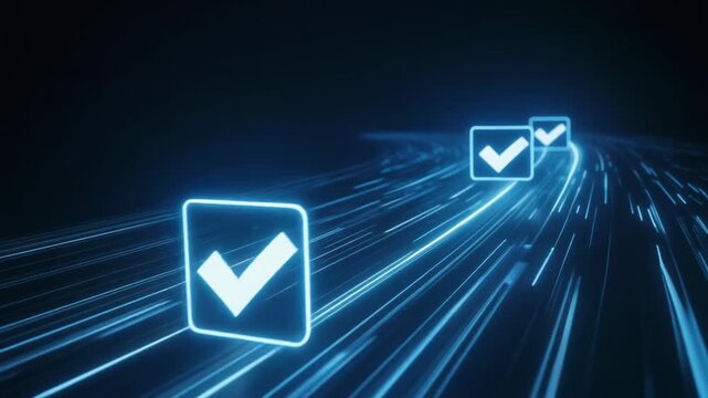 Glowing blue checkmark icons on a dark background with light trails.