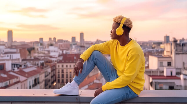 African American man wearing headphones sitting on rooftop during sunset. Young adult male enjoying music and city skyline view.