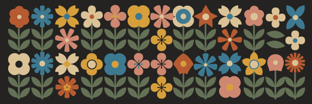 Retro floral pattern with muted colors on black background