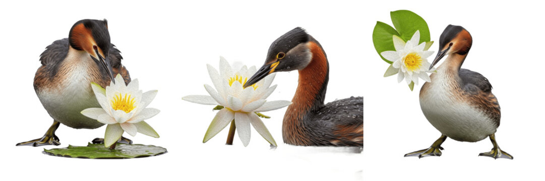 Great Crested Grebe with White Water Lily Illustration Set - Realistic Aquatic Bird Graphics for Pond Nature Decor, Wildlife Art, and Botanical Design - Isolated on White