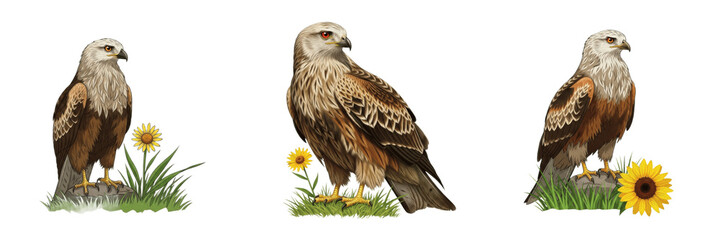 Fototapeta premium Red Kite Bird Illustrations Set with Sunflowers and Meadow Grass - Realistic Raptor Artwork for Nature Decor, Ornithology Graphics, and Wildlife Design - Transparent Background Style