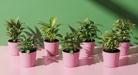 Fototapeta premium A Group of Small Potted Plants on a Pink Surface with Green Background