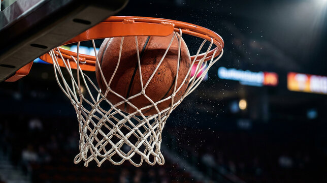 Basketball swishing through hoop in crowded arena. Dynamic scoring moment capturing sports thrill and competition. Excitement of live basketball game and athletic achievement in stadium setting.