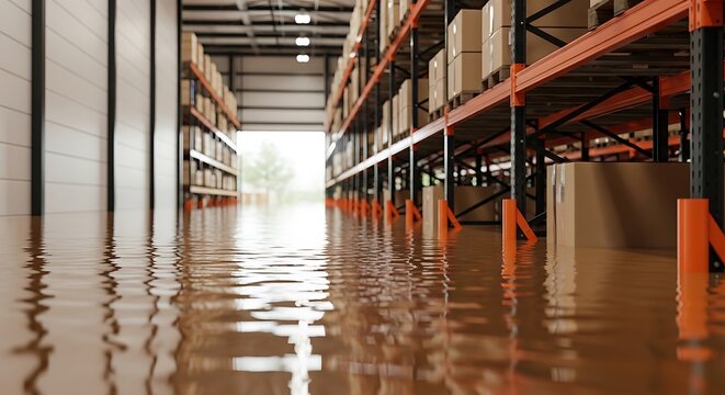 A flooded warehouse with water covering the floor and shelves