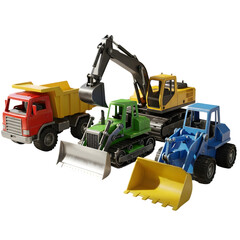 Fototapeta premium Assortment of toy construction vehicles isolated on a transparent background