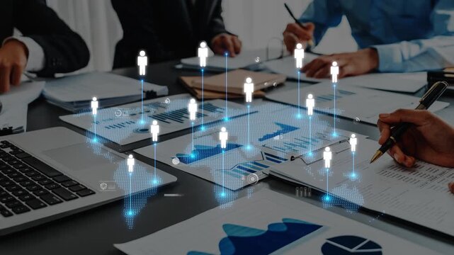 A dynamic business meeting showcasing teamwork and digital networking. Professionals analyze data and collaborate on strategies to drive success and innovation in a modern office. Raster