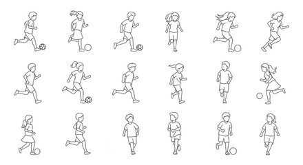 Naklejka premium Minimalist Thin Black Line Art Vector Set of Children Running and Playing