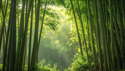 Fototapeta premium Serene bamboo grove bathed in soft morning sunlight and mist
