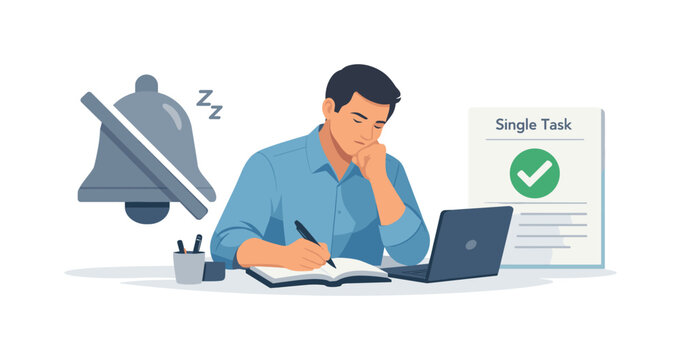 A personal productivity and deep work concentration concept featuring a focused professional minimizing distractions beside a large minimal notification bell turned off and a
