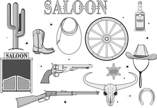 A set of accessories of the Wild West of the United States and cowboys' everyday life isolated on a white background