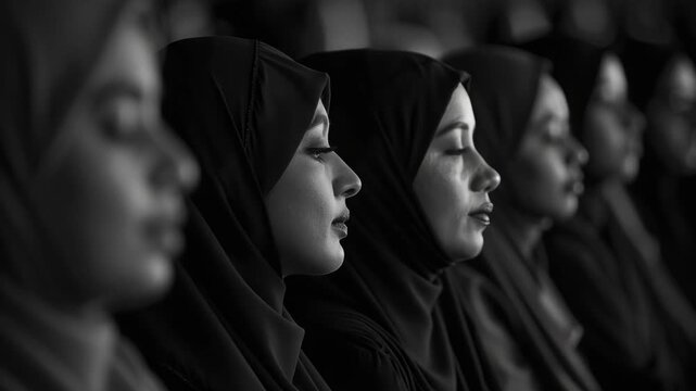 This shows a group of women wearing hijab, signifying their religious practice and cultural affiliation. The monochrome palette emphasizes the unity and strength in their community.