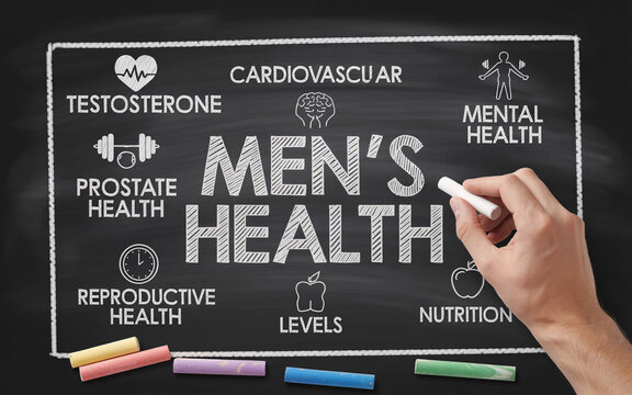 Men's health chalkboard with medical terms and hand writing nutrition concept for fitness and wellness education
