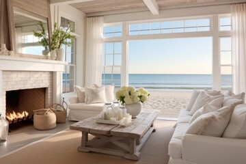 Naklejka premium Living room featuring a fireplace and large windows offering a direct view of the beach and ocean