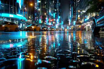 Fototapeta premium Rainy night city street with colorful reflections