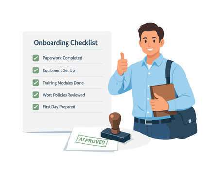 A onboarding checklist completion and readiness verification scene showing a new hire confirming preparation beside a simple task list document and a minimal approval stamp element