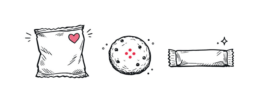 Snacks theme  a horizontal row of 3 related hand-drawn casual munching objects on a white background: a crinkled chip bag with a tiny pink heart flavor badge