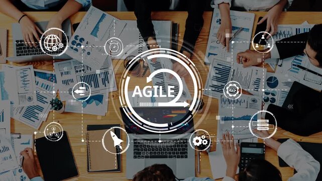 A dynamic business meeting highlighting agile project management strategies, featuring charts, graphs, and digital devices on a collaborative workspace. Raster