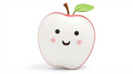 Obraz premium Cute apple illustration. White fruit with rosy cheeks, simple smile, green leaf. Bright, playful design. Minimalist style.