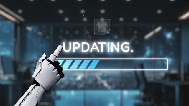A dynamic representation of a robot hand interacting with an advanced digital interface. The video highlights an updating progress bar and technical icons in a contemporary office setting. Auvana