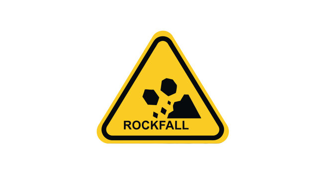 Warning sign for rockfall area hazard.