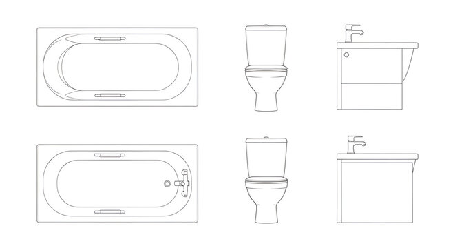 Technical Line Art Set of Bathroom Fixtures: Bathtubs, Toilets, and Washbasins Layout