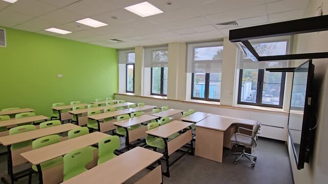 MOSCOW - AUG 25, 2025: Classroom with green walls and green chairs. The desks are arranged in rows and the windows let in natural light