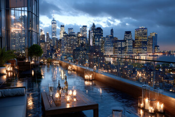 Fototapeta premium Romantic rooftop terrace overlooking city skyline at dusk