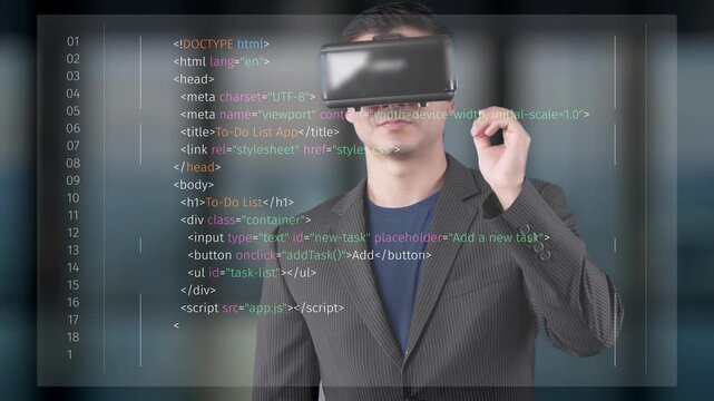 A man explores a virtual reality headset while surrounded by flowing lines of code, merging technology and innovation in a modern office environment. Raster