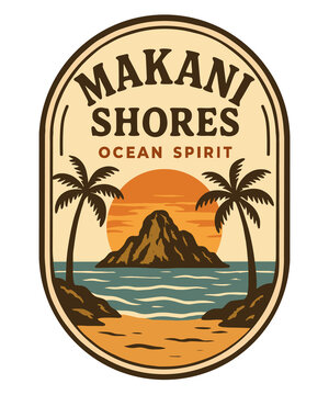 Vintage Tropical Island Badge &ndash; Retro Beach Sunset with Palm Trees Illustration