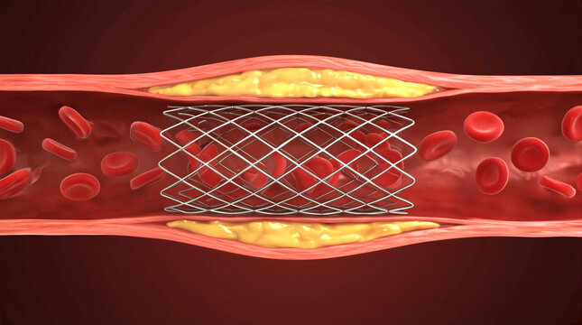 Coronary stent expanding inside clogged artery to restore blood flow. Medical illustration of angioplasty procedure treating atherosclerosis and plaque buildup.