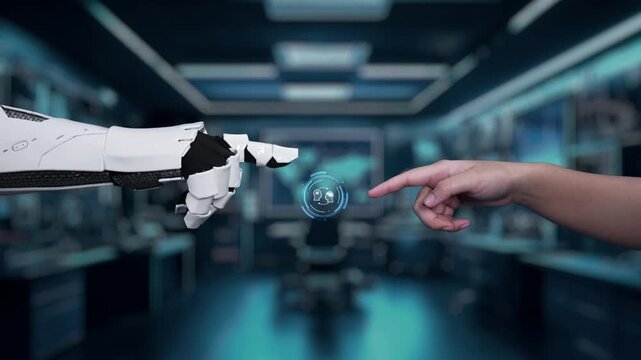 This video depicts a human hand reaching out to a robotic hand in a high-tech lab, illustrating the synergy between human intellect and artificial intelligence in advanced research. Auvana