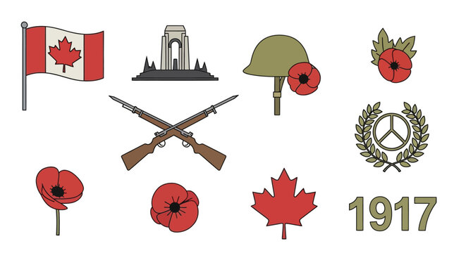 Remembrance day symbols canadian flag vimy ridge and poppy flowers with wartime elements