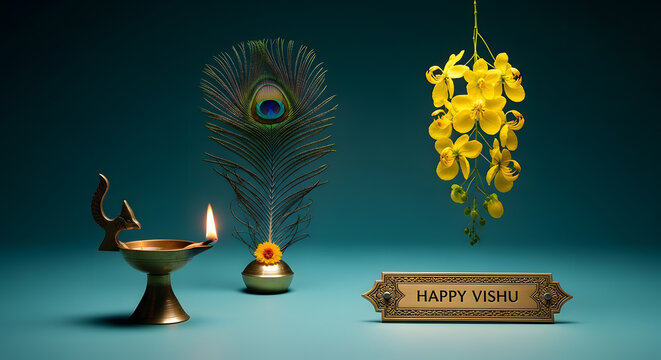 Vishu kani lamp peacock feather flower golden shower tradition kerala festival celebration ritual krishna symbol brass diya yellow bloom auspicious floral background