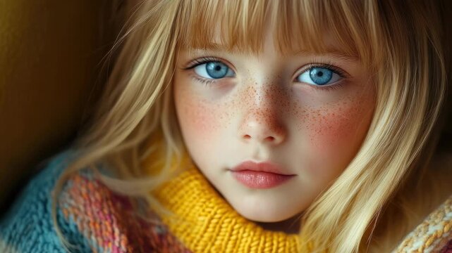 A young girl with beautiful blue eyes and freckles looking contemplatively. She has blonde hair and is wearing a cozy, colorful sweater.