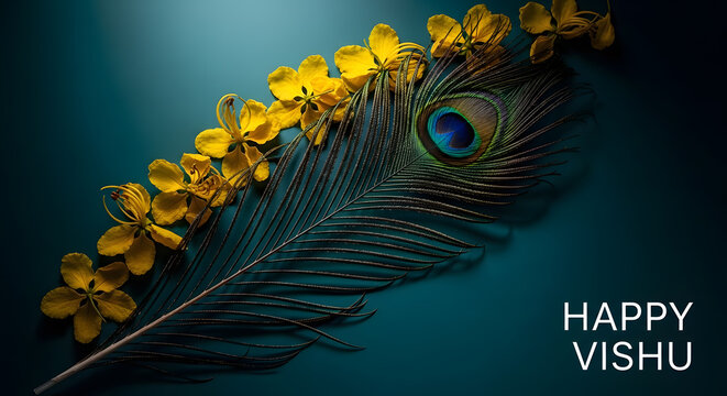 Vishu festival kerala new year peacock feather flower kani konna yellow blossom background tradition decoration spring culture gold petal