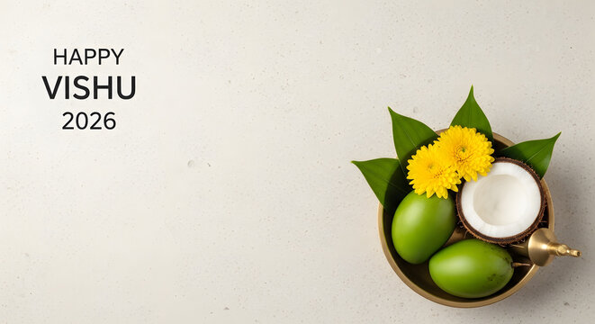 Happy vishu greeting kani setting coconut mango flower brass bowl kerala new year tradition celebration prosperity morning harvest background