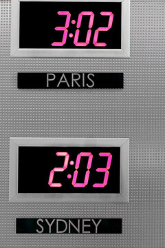 Digital World Clock Showing Paris and Sydney Time Zones