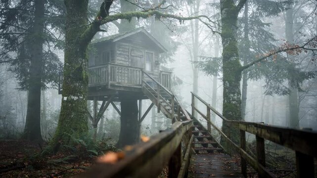 Misty morning view of a wooden treehouse perched among tall trees staircase rails visible but slightly blurred wrapped in soft fog and muted colors.