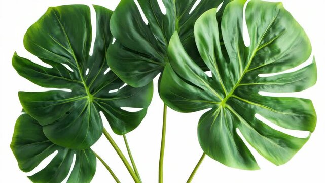 Set of three tropical plant leaves with soft green foliage against neutral background.
