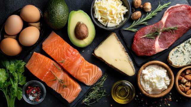 Keto foods sit on a black table, leaving room for words.