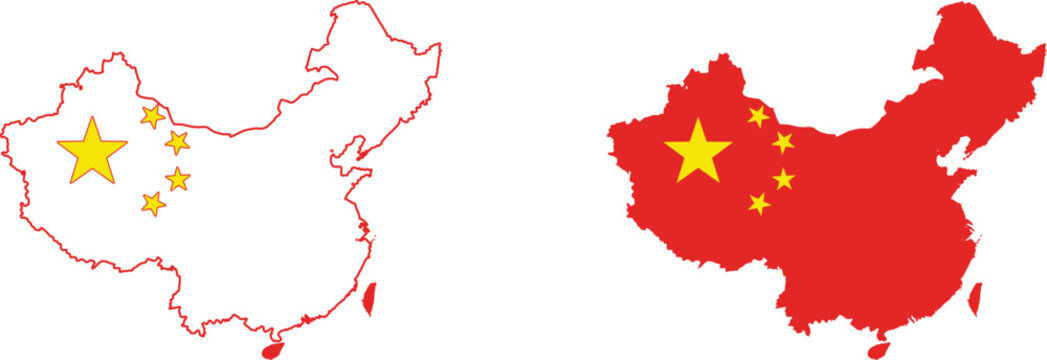 Vector china map illustrations with yellow stars and red outline