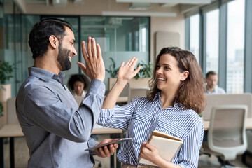 Two happy friendly diverse professionals, teacher and student giving high five standing in office celebrating success, good cooperation result, partnership teamwork and team motivation in office work.