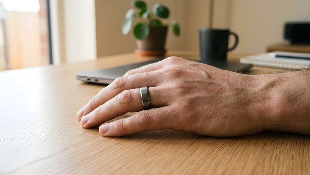 Close Up Hand with Smart Ring Resting on Modern Desk in Soft Light